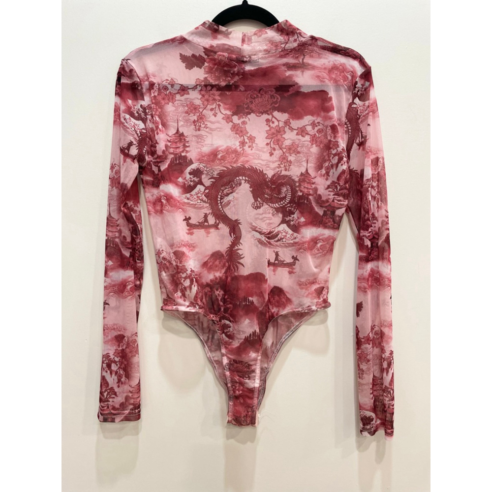 Missguided Pink Burgundy Dragon Tattoo Micro Mesh Sheet Bodysuit 8 Baddie Y2K - Picture 5 of 8